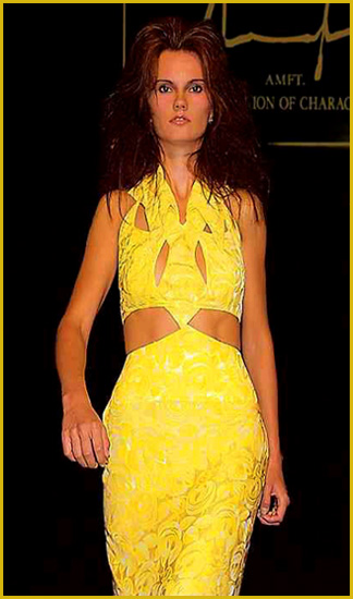 International runway model Franziska Scheffer weares a yellow Duchesse silk dress from German fashion designer Torsten Amft to the Berlin Fashion Week - season spring/summer 2009 - click for back to the diary from designer Amft